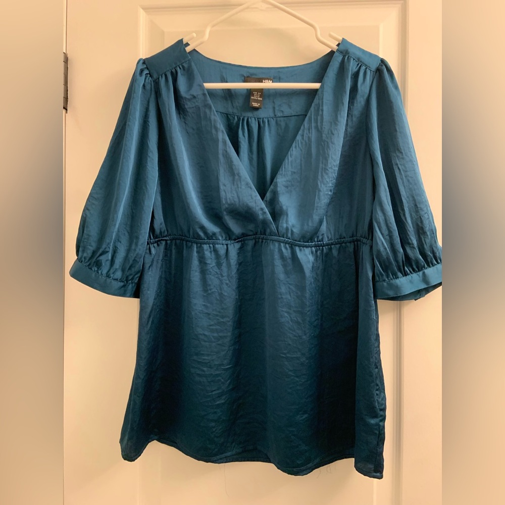 H&M Blue Wrap Puff Sleeve Blouse